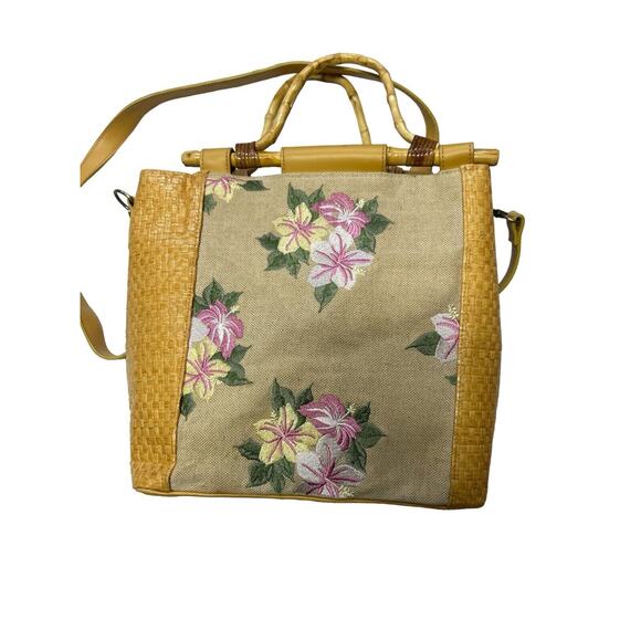 Unbranded medium sized yellow tropical floral and bamboo purse w shoulder strap - Picture 3 of 5